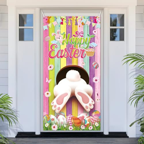 PartyYaa Easter Door Banner Decorations, Happy Easter Banner Door Cover Background Party Supplies Photo Booth Garden Decoration for Indoor Outdoor(Colorful)