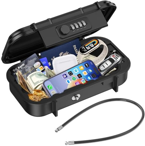 Ankilo Coffre-fort étanche portable - Code à 4 chiffres - Pour antivol - Avec câble métallique amovible de 50 cm - Pour le camping en plein air et les excursions à la plage