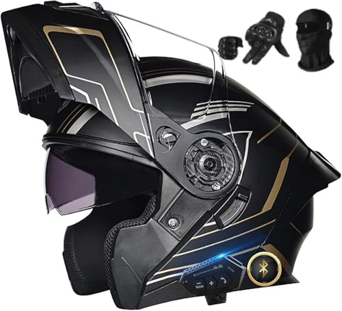 Motorradhelm Intercom Bluetooth Modular Helm Klapphelme ECE-geprüft, Mehrfachbelüftung Motorrad-Vollvisierhelm mit Doppelvisier, Geräuschreduzierung für Männer Frauen E,M=57-58CM