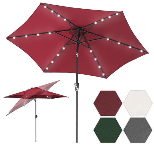 Tubiaz Solar LED Sonnenschirm 270 cm Rot, neigbarer Gartenschirm mit Handkurbel, 24 LEDs, UV50+, 100% Polyester, 38 mm Mast, 6 Stahlstreben, wasserabweisend, ohne Ständer