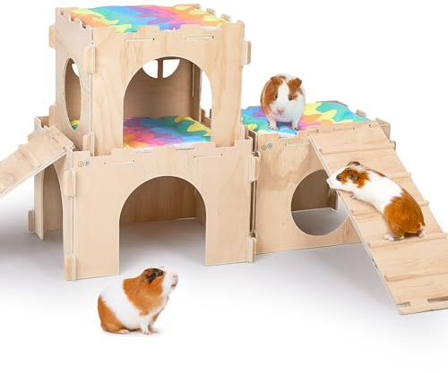 BeBeJoJo Casetta in Legno per Porcellini d’India, Casa Rifugio per Cavie con Rampa, Porte e Finestre Multiple, Accessorio Gabbia e Arredamento per Piccoli Animali