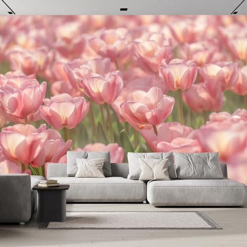 DLERFLOVR Carta da Parati Campi Di Tulipani Color Pesca, 150x105cm Fotomurali in Seta Fiori Del Parco Decorazione da Muro XXL Poster Gigante Design per Camera Letto, Soggiorno, Ufficio, TV Sfondo