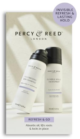 Percy & Reed Volumising Dry Shampoo & Flexible Hold Hairspray 2 x 50ml | Refresh & Go Kit: Mini Dry Shampoo, Hair Spray with Heat Protection, Travel Sized Duo, Brushable Finish
