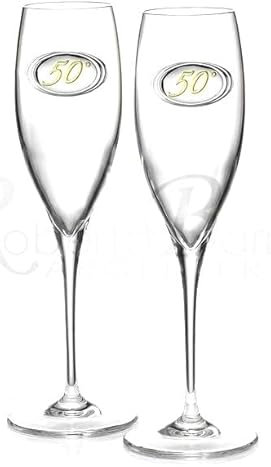Generico Set di 2 Flûte da Champagne per 50° Anniversario, 24 cm, con Placca in Argento PVD Dorata
