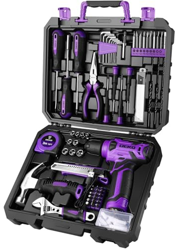 DEKO Cassetta Attrezzi Completa con Trapano Avvitatore Batteria 8V, 126 Pezzi Valigetta con Set Completo di Punte - Violet