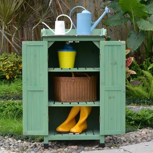 Gartenhaus aus Holz – Outdoor-Schuppen mit oberem Fach, 2 abnehmbare Ablagen, verzinktes Dach, vertikaler Werkzeugschrank für Hinterhof-Organisation