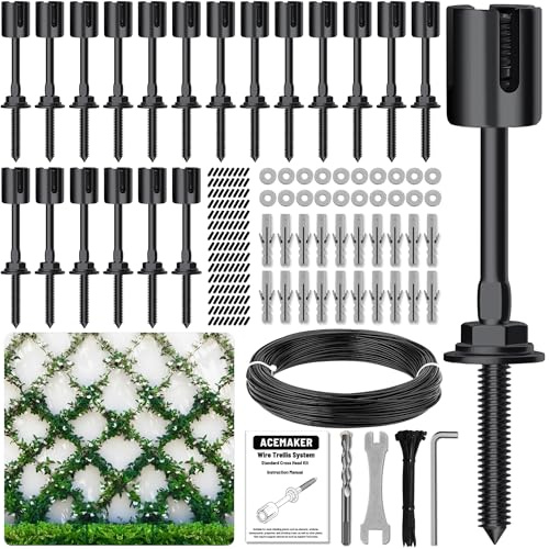 Acemaker Graticcio per piante rampicanti all'aperto, nero T316 in acciaio inox da parete, kit graticcio (20 mozzi + cavo da 29,9 m)