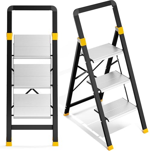 KINGRACK Trittleiter 3 Stufen Klappbar Aluminium, Klappleiter mit Handlauf, Haushaltsleiter Anti-Rutsch-Stabilem und Breitem Peda, Leiter bis 150kg Belastbar für Haushalt, Küche, Büro | Leicht, robust, tragbar, platzsparend, breite Anti-Rutsch-Pedale, Komfort-Handlauf, 150 kg Tragkraft