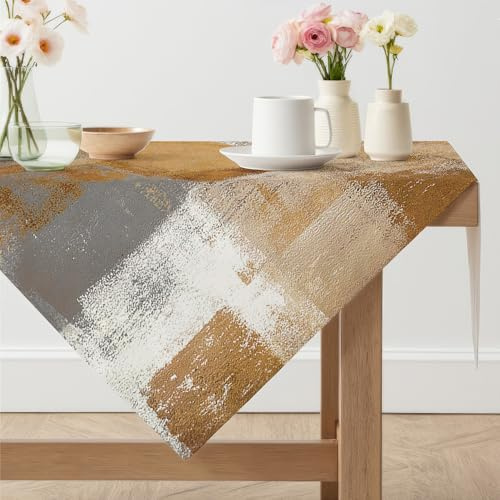 Tovaglia Antimacchia Quadrata 100 x 100 cm Marrone Moderna Pittura Tovaglie Colorato Corte Effetto Lino Lavabile Copritavolo per Feste Autunnali Matrimonio Vacanze Compleanno Decorazione
