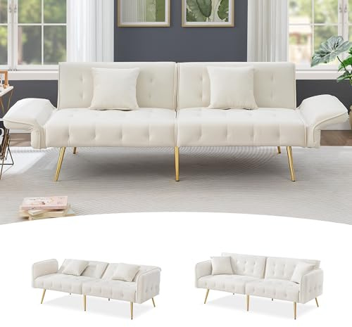 DRIXNO Zweisitzer-Multifunktions-Sofabett mit Bettfunktion, Verstellbarer Rückenlehne + Mehrstelligen Armlehnen.Faltsofabett für Wohnzimmer - Veloursbezug.Antikweiß