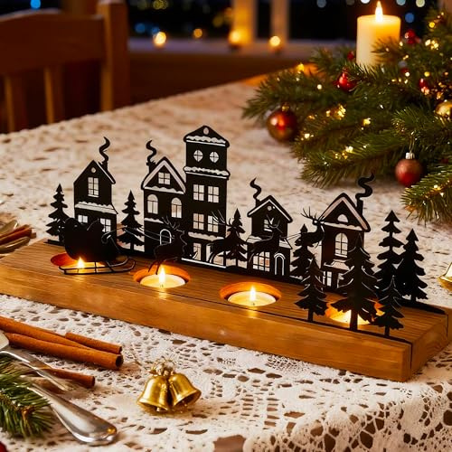 Adventskranz Teelichthalter, Advent Kerzenhalter,Kerzenständer Weihnachten,Kerzeneinsatz Tafelkerzen Metall mit Holz Haltern, für 4cm Teelicht, Elch Baum Weihnachtskerzenhalter, Weihnachtsdeko Innen