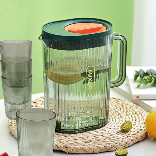 USGLOBL 2L Water Jug for Fridge with Lid &Vented Spout,Plastic Pitcher Jug with Cups Set of 4 for Hot/Cold Water Ice Tea Coffee Milk & Juice Beverage Cocktail for Homes,BBQ's, Parties, Camping
