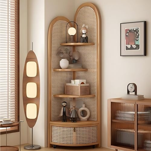 Aiupuyer Solid Wood Rattan Triangular Cabinet, Multi-Functional Corner Shelf, 4-Tier Floor Standing Bookshelf for Living Room, Bedroom Corner Bookshelf, Triangular Rattan Shelf