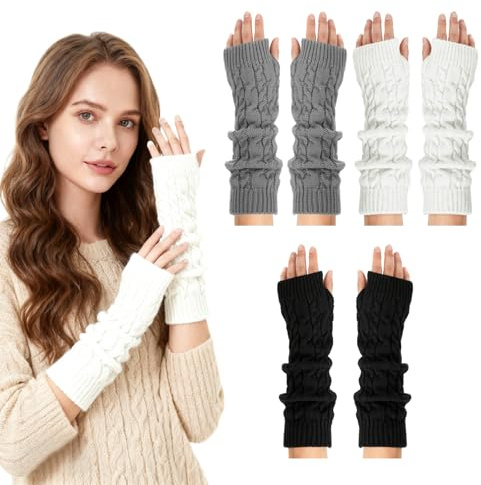 3 Paar Handstulpen Damen Winter-Armstulpen für Damen Gestrickt Fingerlose Handschuhe Warm Strick Handstulpen Wärmer Frauen Thermo Gestrickte Fingerlos Handschuhe Frauen Armwärmer mit Daumenloch