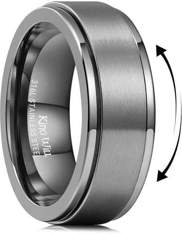 King Will 8mm Spinner Ring für Männer & Frauen - Edelstahl Fidget Angst Ring mit hochglanzpolierter & gebürsteter Oberfläche | Schwarz, Silber, Unisex Schmuck Geschenk