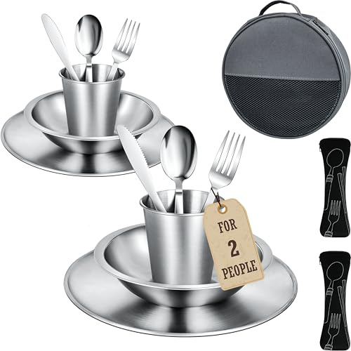 Camping Geschirr Set für 2. Edelstahl Besteckset, Teller, Schale und Becher | Campingbesteck Set Inklusive Bestecktasche. Tragbares Geschirrset für Outdoor, Picknick, Grillen.