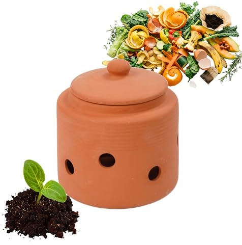 Relaxdays Worm Composter for Digging, 1 Litre, Worm Tower for Kitchen Waste, Lid, Composter Garden & Flower Bed, Clay, Terracotta