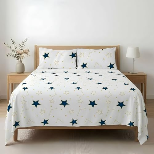 Etrexonline Conjunto de Sábanas 4 Piezas Cama 150 cm - Microfibra Ultra Suave Incluye 1 Bajera 150x200+28 cm, 1 Encimera 230x270 cm, y 2 Fundas de Almohadas 50x90 cm - Color Estrella Nuevo