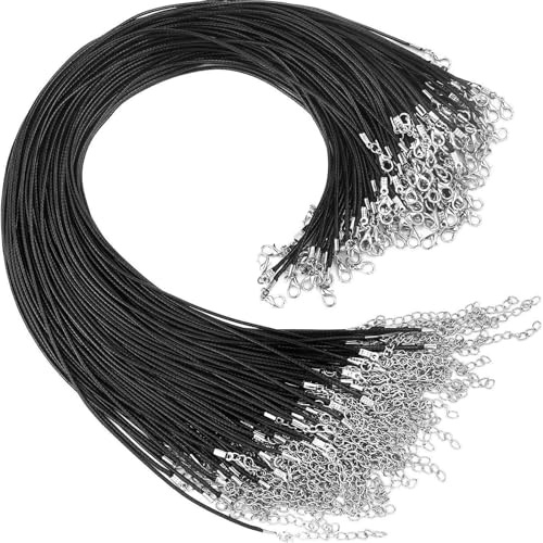 NOPVUFA 50 Pezzi Cordoncino per Collane Nero 2.0mm, Cordino per Collane in Similpelle 45+5cm con Chiusura a Moschettone, Filo per Collane Fai da Te per Ciondoli e Creazione Gioielli