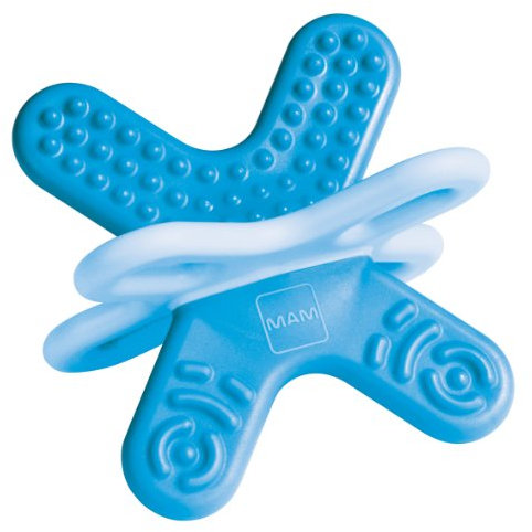 MAM Bite & Relax Phase 2 Mini Beißring, Zahnungshilfe speziell für die Backenzähne, extra leichter Beißring für Babys in 3D-Form, ab 4+ Monate, blau