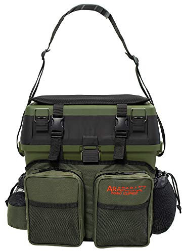 Sitzkiepe Angelbox Rucksack mit 4 Tackleboxen - Gerätekasten mit Sitzpolster, Rucksackfunktion & Stauraum für Angelzubehör - Grün