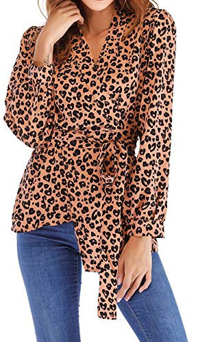 2018 Frauen Herbst Mode Langarm Leopard Print Verband Bluse Tops T-Shirt Damen Lose Hemd Shirt Neu Loose Fit Oberteile Elegant Oberteil Langarmshirt Drucken V-Neck Sweatshirt (Khaki,S)