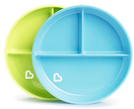 Munchkin Set de Platos Divididos Stay Put para Bebé, Plato para Bebé y Niño Pequeño con Compartimentos para el Destete, Plato con Ventosa para Niños de 6m+, Set de 2, Azul/Verde