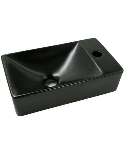 ALONI Waschbecken Gäste-WC 38x22 cm Schwarz | Hahnloch rechts, Mini Handwaschbecken klein, Hängewaschbecken für Wandmontage, Sanitärkeramik Waschtisch