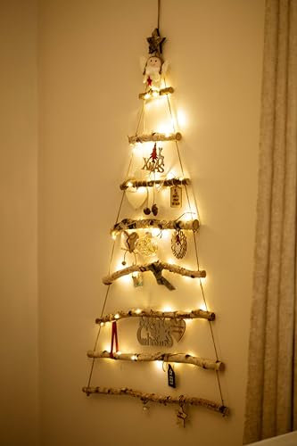 HomeZone Christmas Wooden Ladder Tree Hanging LED Lights - Rustic Space Saving Wall Tree Fairy Lights - Xmas Vintage Style Wall Mountable D.I.Y Scandinavian Shabby Chic Festive LED Decoration (123cm)
