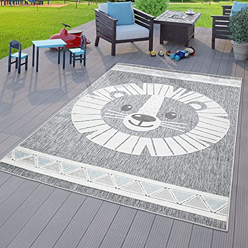 TT Home Kinderzimmer Outdoor Teppich Kinder Spielteppich 3D Optik Modern Löwe Grau, Größe:80x150 cm