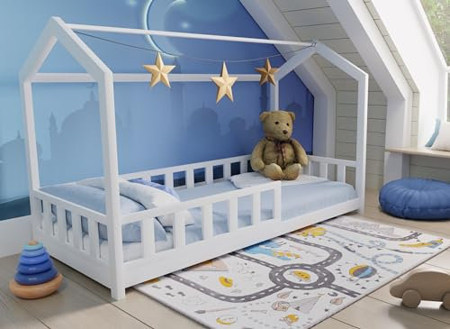 Sanmar Kieferholz Hausbett, Kinderbett, mit die Sicherheitsgeländer und Lattenrost, hohe Qualität, Malen, Weiss (Weiss, 200 x 90 cm)