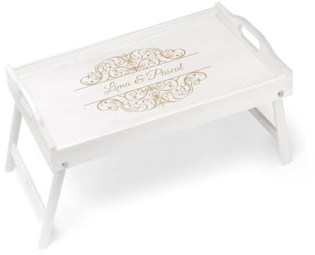 Maverton Frühstückstablett mit Gravur - für Zwei - Betttisch mit Griffen - klappbare Beine - Weiß - Geschenk für Paare - Einzugsgeschenk - Hochzeitsgeschenk - Verzierung