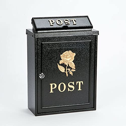 Vintage Decor by DWD® Weatherproof Post Box Rose Design-Lockable Heavy Duty Secure Wall Mounted Letter Mail Post Box Post for Walls/Gates/Garages..Charming easy to fit (Black with Gold Rose)