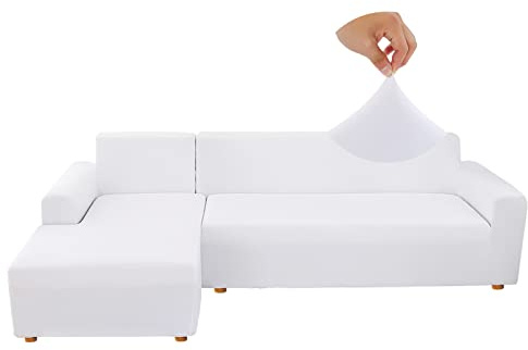 Jaotto Sofabezug Elastische Spandex Stretch Couchbezug für L-Form Sofa Überwürfe Universal Waschbar Sofaüberwurf 2er Antirutsch(3 Sitzer+4 Sitzer,Weiß)