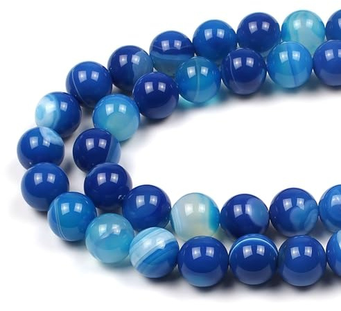 MJDCB 8mm 43st Sten Pärlor Blå Randig Agat Runda Lösa Naturliga Halvädelsten för Tillverkning Armband Halsband Smycken