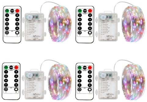 BXROIU 4 x 50er Micro LED Lichterkette Batterie 8 Modi, mit Fernbedienung Timer,auf 5Meter Silberdraht für Party, Garten, Weihnachten, Halloween, Hochzeit und zur dekorativen(Mehrfarbig)