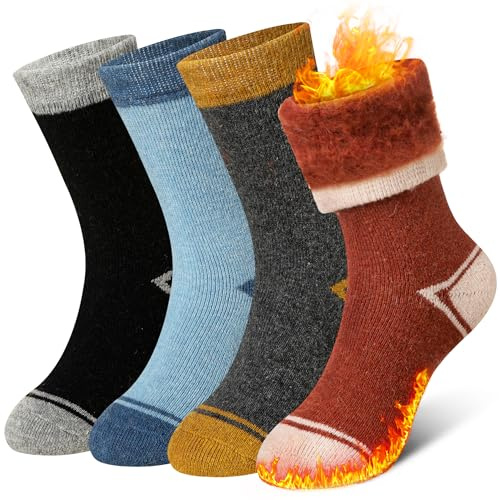 Eyean Kids Wool Heated Hiking Socks Thick Warm Thermal Soft Winter Snowboarding Boy Girls Insulated Socks 4 Pairs (4-7 Years,Mixed Color)