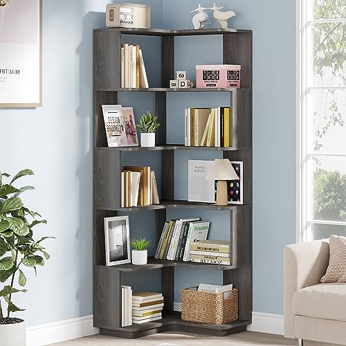 Tribesigns 6-stöckiges Eck-Bücherregal, L-förmiges Bücherregal mit Trennwänden, modernes hohes geometrisches Bücherregal, freistehende Ausstellungsregale für Wohnzimmer, Schlafzimmer, Heimbüro, Grau