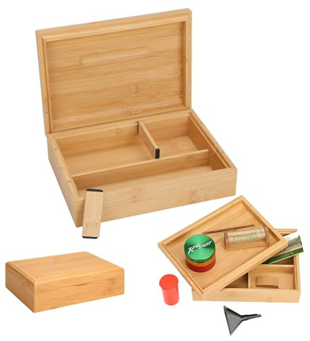 RYO TRUST Storage Stash Box with Rolling Tray, Bamboo Box with Large Storage Space to Organize Herb Accessories - Comes with Convertible Rolling Tray Lid and 2 Dividers, 8.6 x 6.3 x 2.5 (Large)