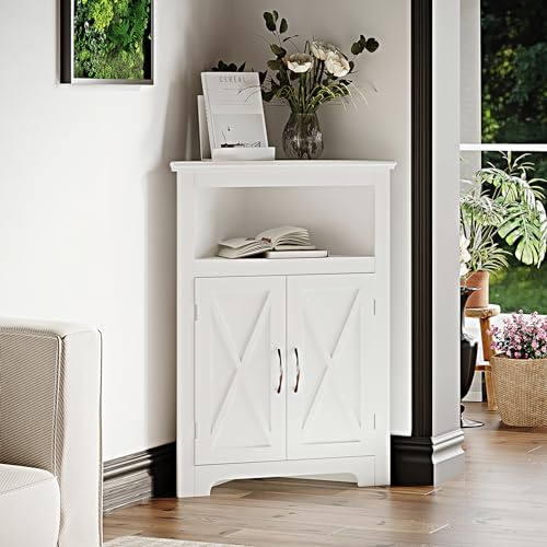 ChooChoo Corner Storage Cabinet, Small Corner Cabinet with Barn Door Design and Adjustable Shelf, Home Space Saver for Living Room, Bathroom, Kitchen, White