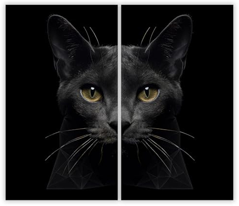 SMTDeco Herdabdeckplatte 2×30×52 cm – Mehr Arbeitsfläche, Spritzschutz & Schneidebrett – ESG Glas, kratzfest – für Induktion/Ceranfeld – 2-teilig, Motiv Katze Schwarz