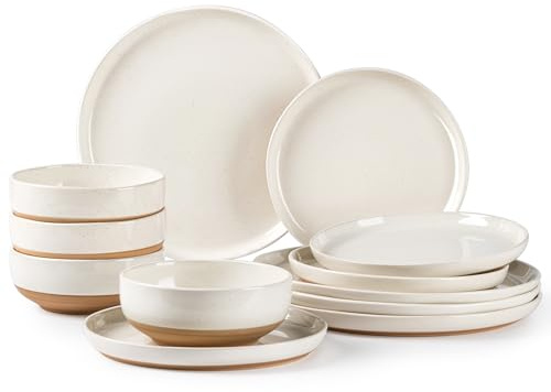 AmorArc Ceramic Dinnerware Sets, Handpainted Plates and Bowls Set with Rustic Terracotta Underside, Scratch Resistant Stoneware Dishes Set, Dishwasher & Microwave Safe