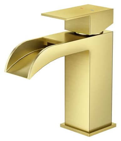 Faustina Waschtischarmatur Bad für Waschbecken eckig Wasserfall mit Pop-Up Ablaufgarnitur, Einhebelmischer Waschtisch Armatur Wasserhahn Bad Waschbeckenarmatur Badarmatur, Edelstahl Gold gebürstet