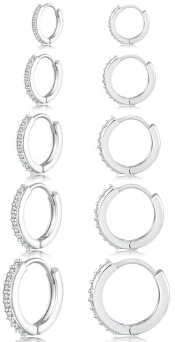 Senteria 5 Paar Kleine Silber Creolen Hypoallergen 925 Silber Creolen Silberne Zirkonia Huggie Ohrringe Knorpel Schläfer Kleine Ohrringe Silberne für Damen Herren 8/10/12/14/16 mm