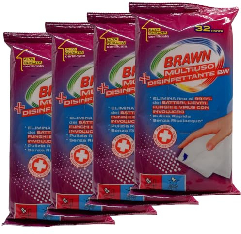 Brawn Panni Multiuso Disinfettante, Elimina Fino Al 99.9% Dei Batteri, Lieviti, Funghi e Virus Con Involucro. Per Una Pulizia Rapida, Senza Risciacquo (Confezione da 32 Panni) (4 Confezioni)