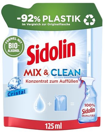 Sidolin Mix & Clean Concentrato da riempire Cristal (125 ml), detergente per vetri All in 1 per pulizia, lucentezza e protezione, detergente per finestre con alcool biologico, -92% plastica rispetto