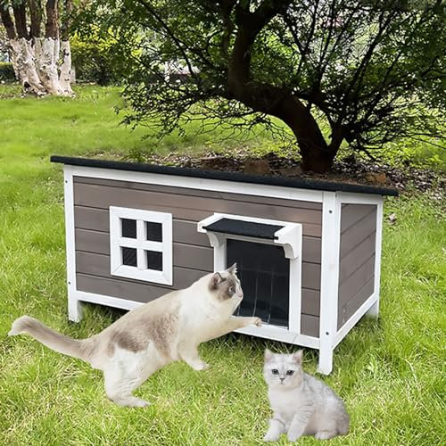 Katzenvilla aus Massivholz Mit Schrägem Dach, Wildkatzenhaus, Katzenwohnungen für Hauskatzen, Futterstation für Katzen im Freien, Einziehbares Dach