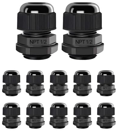 AIRIC 12 Pcs 1/2 NPT Cable Glands Nylon PA66, IP68 Waterproof Adjustable Power Strain Relief Cord Grips, Junction Box Wire Gland Grip Connectors with Gaskets and Locknut, Black