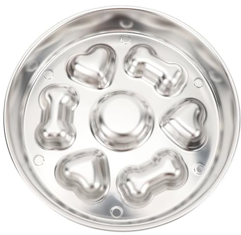 Slow Feeder Dog Bowl, 2 Cups 4mm Thickness Stainless Steel Slow Feed Bowl Anti Slip Large Capacity Dog Slow Feeding Bowl Enhanced Health Slow Down (Round Shape Bone Heart Style