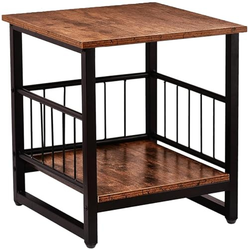 End Table, Industrial Side Table with 2-Tire Storage Shelf, 180LBS Mini Fridge Stand with Adjustable Feet, 18x18 Wood Night Stand Small Bedside Table with Sturdy Metal Frame for Living Room Bedroom